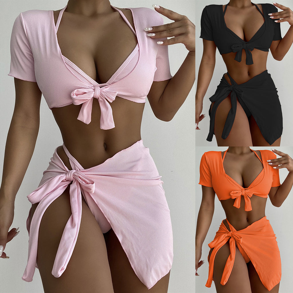 Bikini Bikini Maillot de bain quatre pièces Maillot de bain Femme Maillot de bain couleur unie Ensembles assortis Bikini