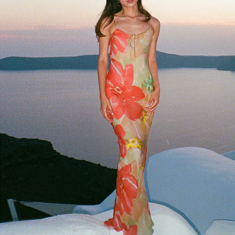Vestido sexy de tirantes con aberturas y estampado sin espalda para mujer, vestido sexy de vacaciones
