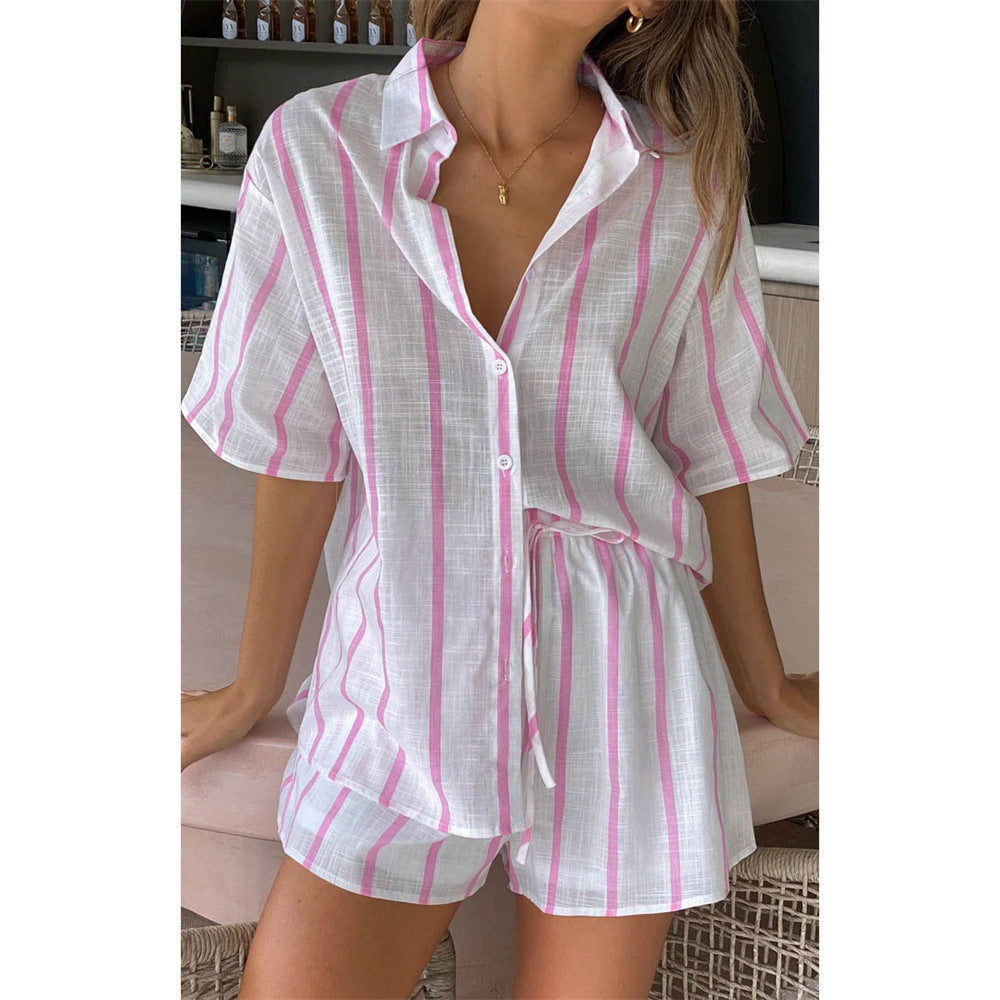 Spring Summer Striped Printed Short Sleeve Shirt Shorts Suit Beach Casual Two Piece Suit Women Clothing BESSY