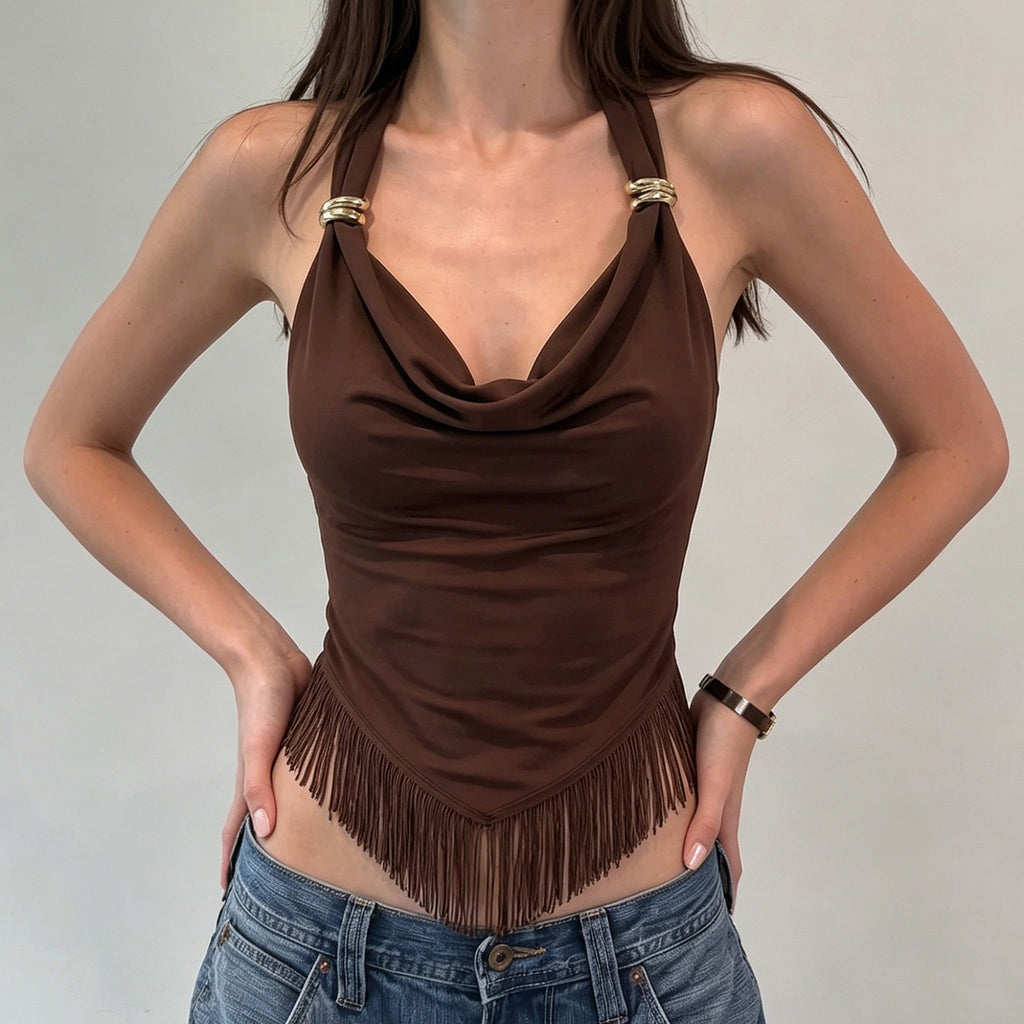 Retro Metal Ring Swing Collar Halter Spaghetti Straps Tassel Slim Fit Patchwork Sexy Vest LingSharp