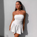 Robe courte plissée dos nu pour femme, vêtement printemps-été, haut tube, couleur unie