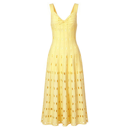 Summer Sleeveless V neck Knitted All Matching Slim Fit Figure Flattering Sleeveless Sling Mid Length Dress Dimenssa