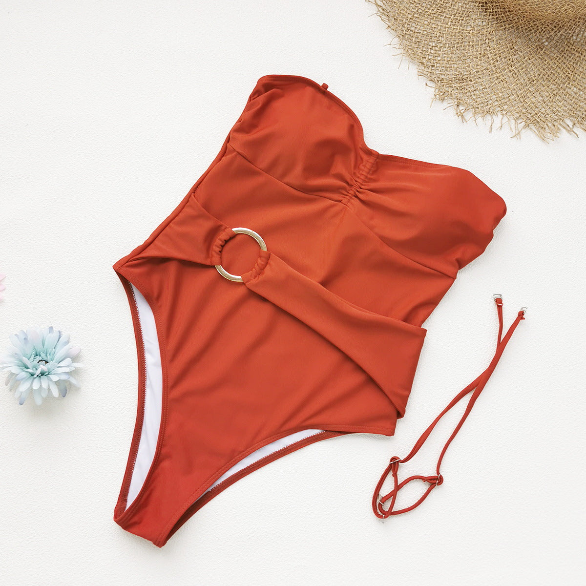 Detachable Shoulder Strap Slip on One Piece Swimsuit Women Solid Color Tube Top Thunder