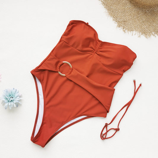 Detachable Shoulder Strap Slip on One Piece Swimsuit Women Solid Color Tube Top Thunder