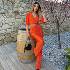 Summer Casual Straight Pants Suit Solid Color Pleated Short Sleeve V neck Lace up Top Trousers Two Piece Set BESSY