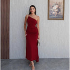 Women Clothing Summer Single Shoulder Sloping Shoulder Pleated Sexy Slim Irregular Asymmetric Dress Bailess