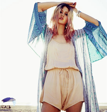 Chiffon Print Beach Cover Up Sexy Cardigan Loose Vacation Sun Protection Shirt Seaside Beach Cover Up
