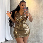 Metallic Glossy Features Swing Collar Sleeveless Halter Dress Backless Sheath Sexy Dress