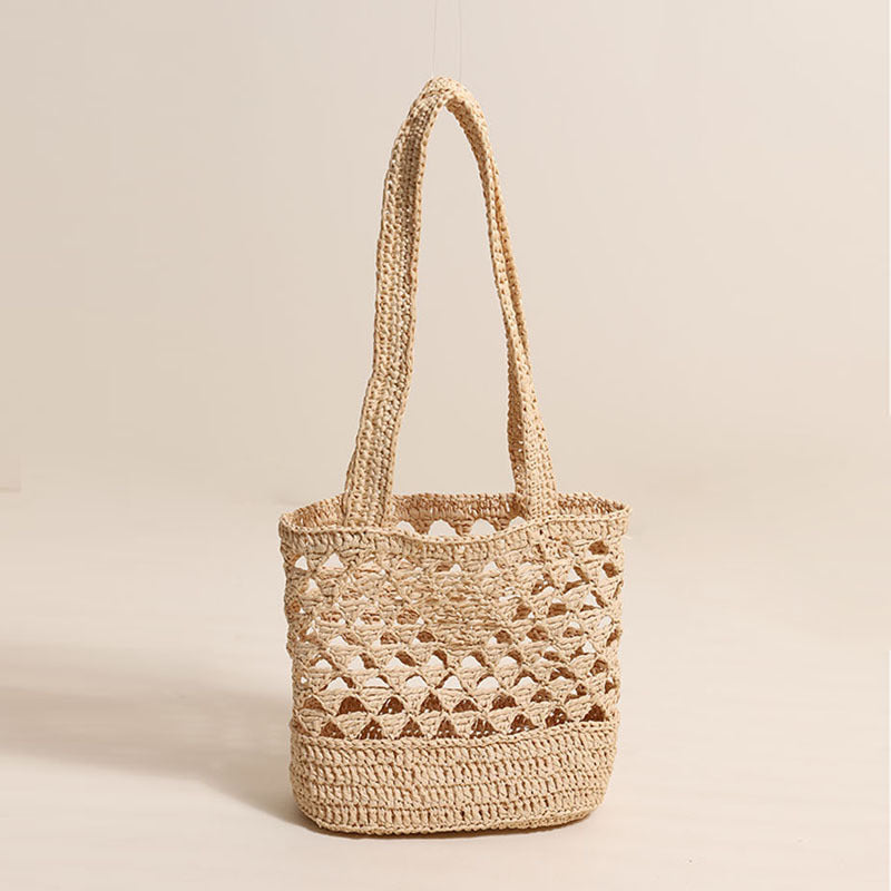 Bolso de hombro de rafia de paja, sencillo, de color liso, con aberturas, tejido, para playa y vacaciones, para mujer 