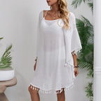 Hand Hook Floral Stitching Tassel Beach Cover up Hollow Out Cutout Butterfly Loose Beach Vacation Sun Protective Clothing Mangar