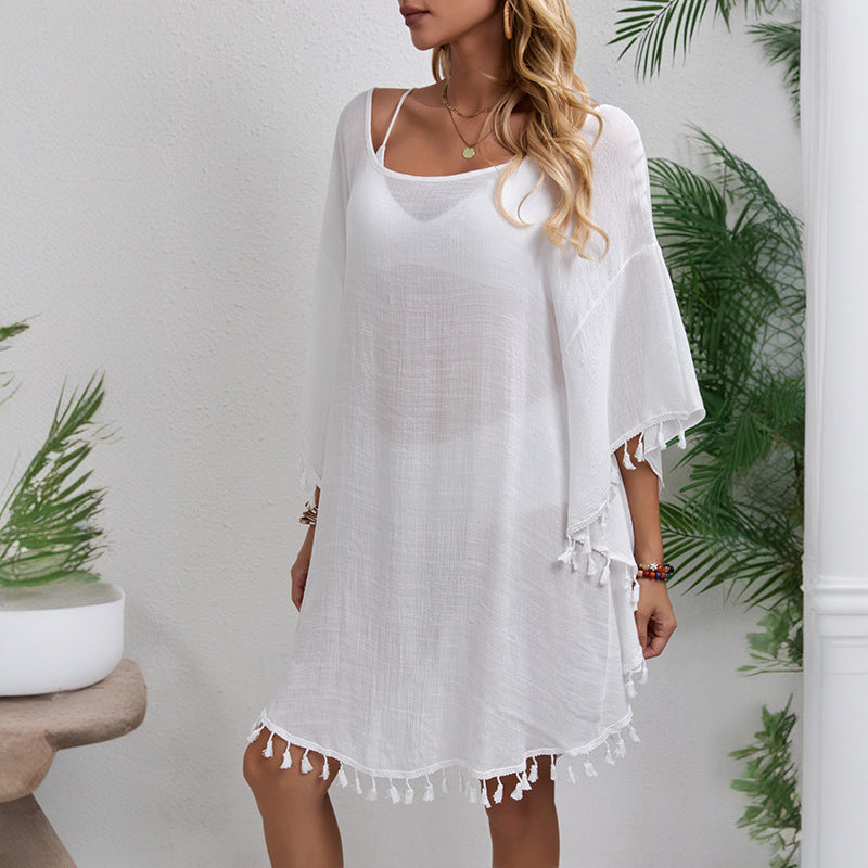 Hand Hook Floral Stitching Tassel Beach Cover up Hollow Out Cutout Butterfly Loose Beach Vacation Sun Protective Clothing Mangar