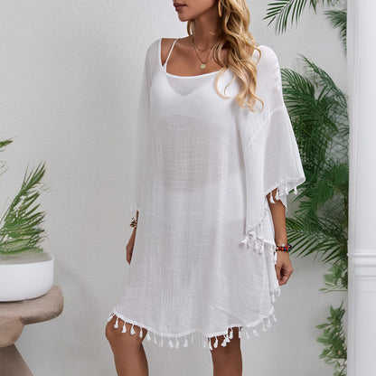 Hand Hook Floral Stitching Tassel Beach Cover up Hollow Out Cutout Butterfly Loose Beach Vacation Sun Protective Clothing