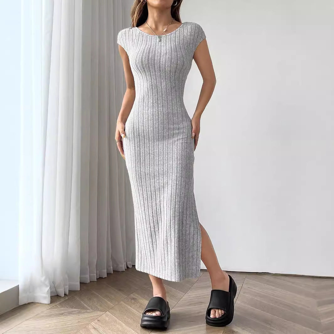 Women Clothing Summer round Neck Short Sleeve Backless Sexy Slit Dress