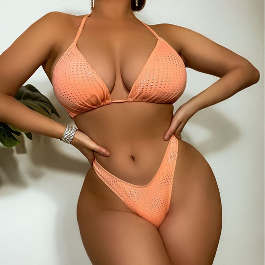 Bikini sexy de color sólido plateado con diseño geométrico abstracto y halter