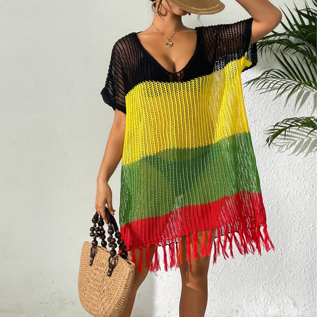 Robe Femme à Lacets, Nœud Papillon, Contraste de Couleurs, Patchwork, Sexy, Découpes, Pompons, Robe de Plage, Cache-maillot