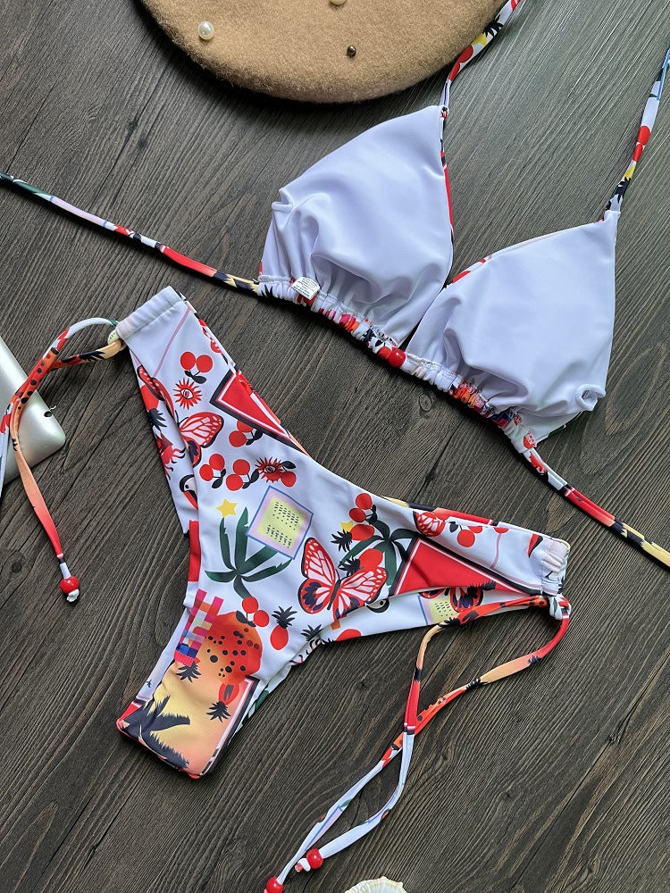Traje de baño para mujer, bikini triangular estampado con cordones, bikini de tres puntos.