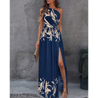 Women Clothing Slant Shoulder Dress Elegance Sleeveless Sexy High Waist Split Dress Romance