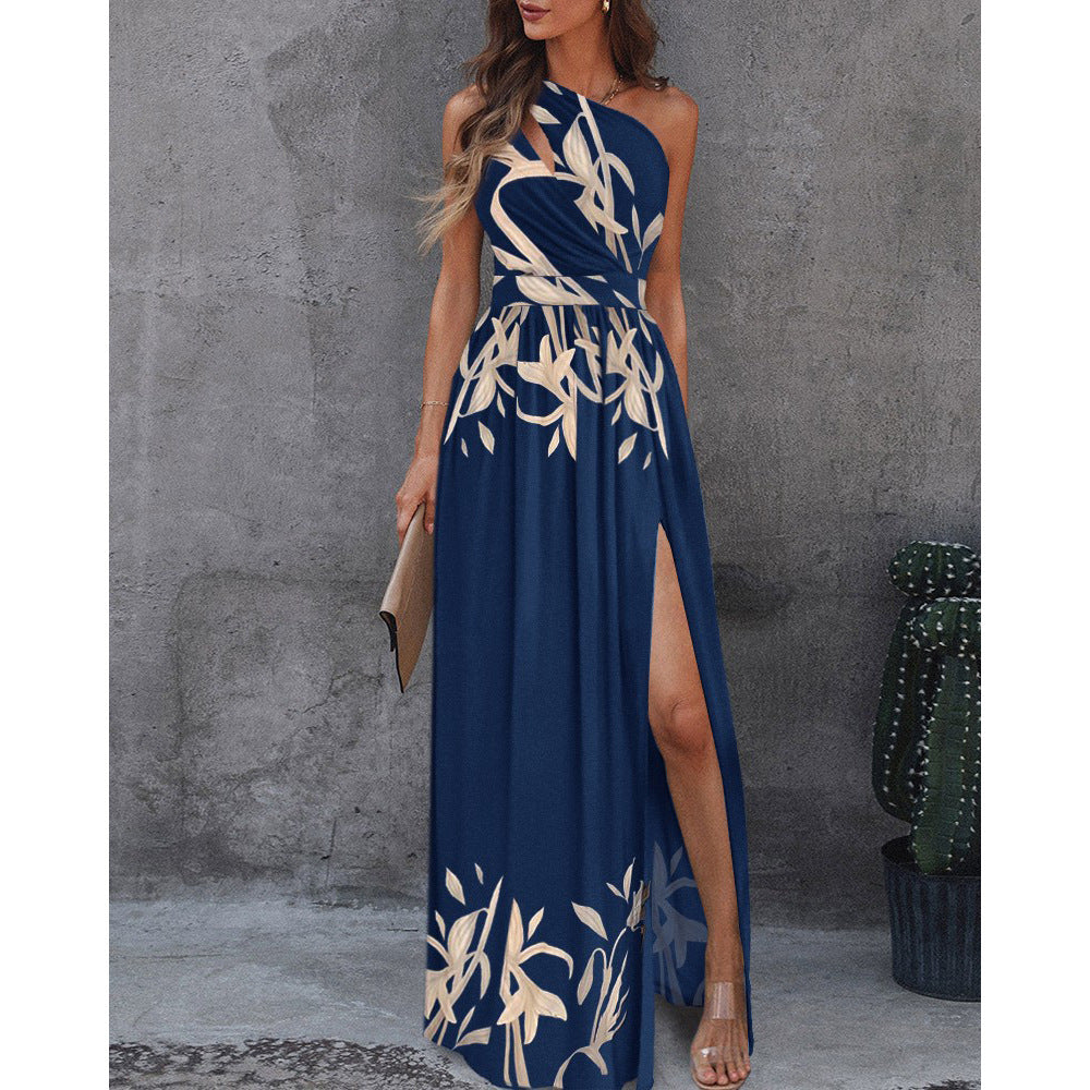 Women Clothing Slant Shoulder Dress Elegance Sleeveless Sexy High Waist Split Dress Romance