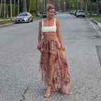 Vacation Dress Summer Floral Print Double Layer Irregular Asymmetric Mop Ruffled Skirt LingSharp