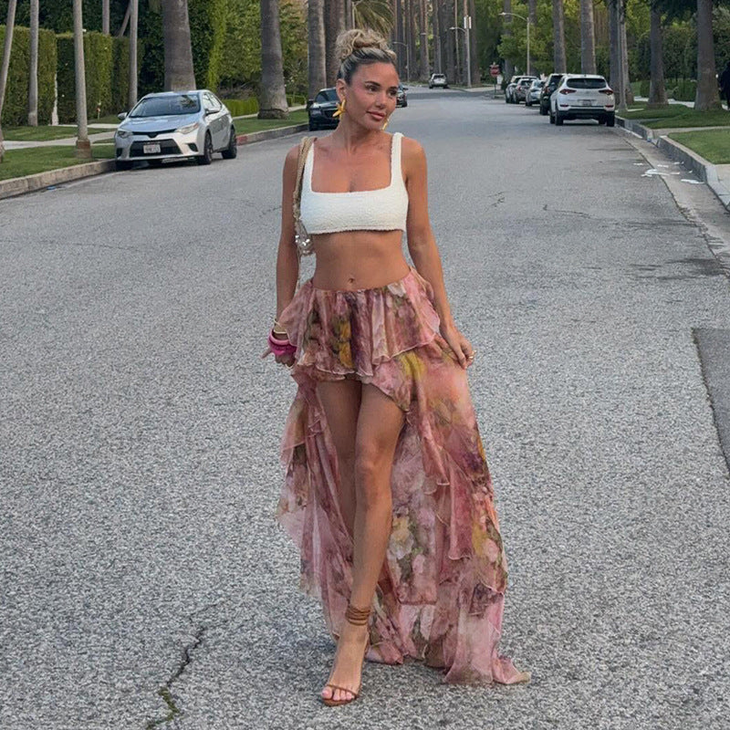 Vacation Dress Summer Floral Print Double Layer Irregular Asymmetric Mop Ruffled Skirt LingSharp