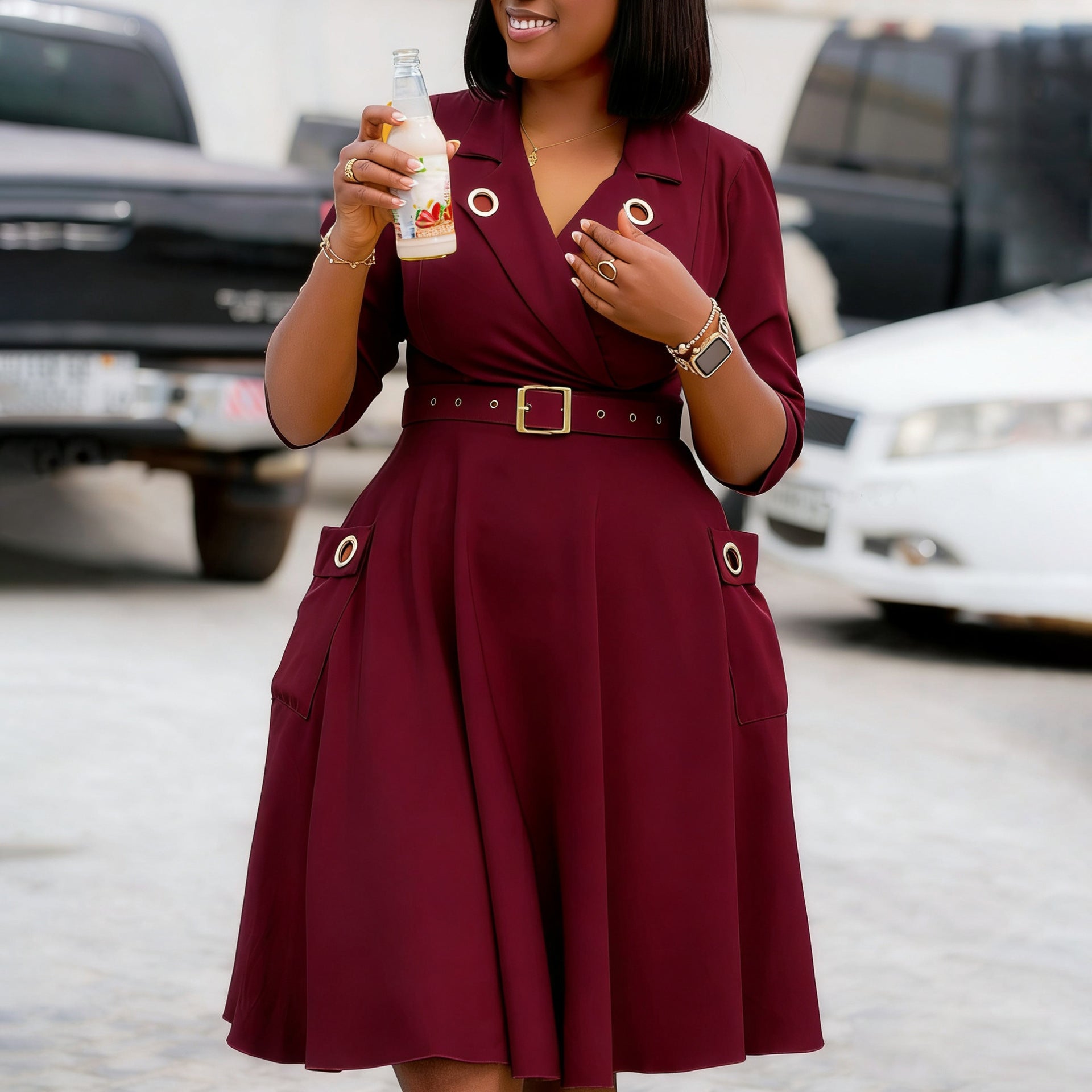 Winter Sexy Elegant Collared Waist Tight Business Dress Graceful Fashionable Solid Color Dress Morn