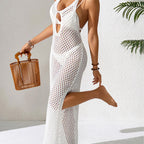 V neck Fitted Waist Backless Knitted Dress Halter Strap Decorative Hollow Out Cutout out Side Slit Hip Dress Beach Cover up Women Oyimi