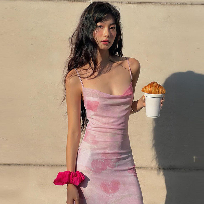 Robe longue à bretelles en maille à imprimé floral et col dénudé pour femme, vêtement d'été sexy et épicé