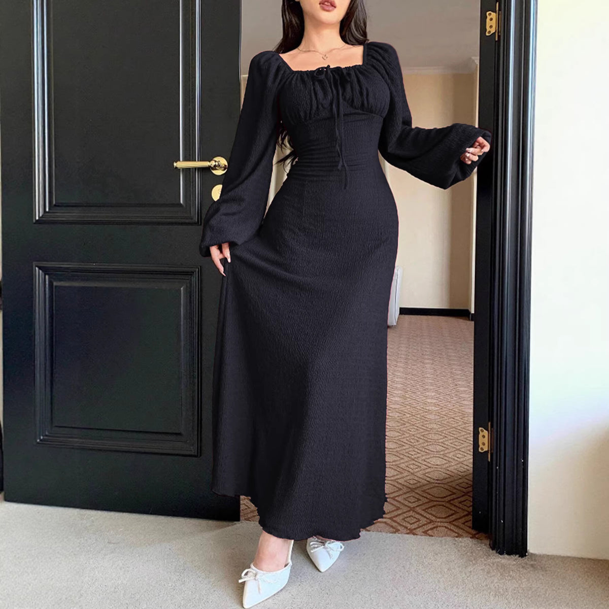 Women Clothing Spring Summer Solid Color Square Collar Bust Cross Strap Neck Slim Dress George