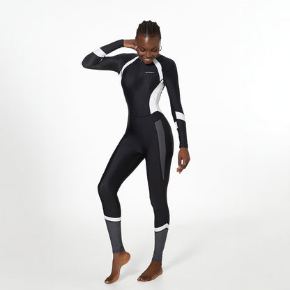 Traje de baño de una pieza para entrenamiento de surf, de manga larga, con protección solar, que cubre el vientre.