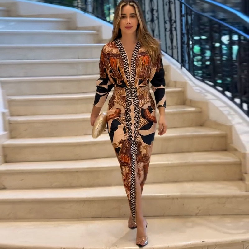 Spring Women Wear Short Sleeve V neck Slim Print Dress