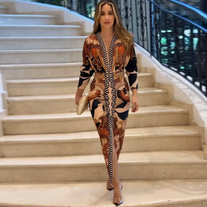 Spring Women Wear Short Sleeve V neck Slim Print Dress