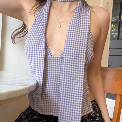 Women Clothing Summer Sexy Plaid Ribbon Slim All Matching Tank Top for Women