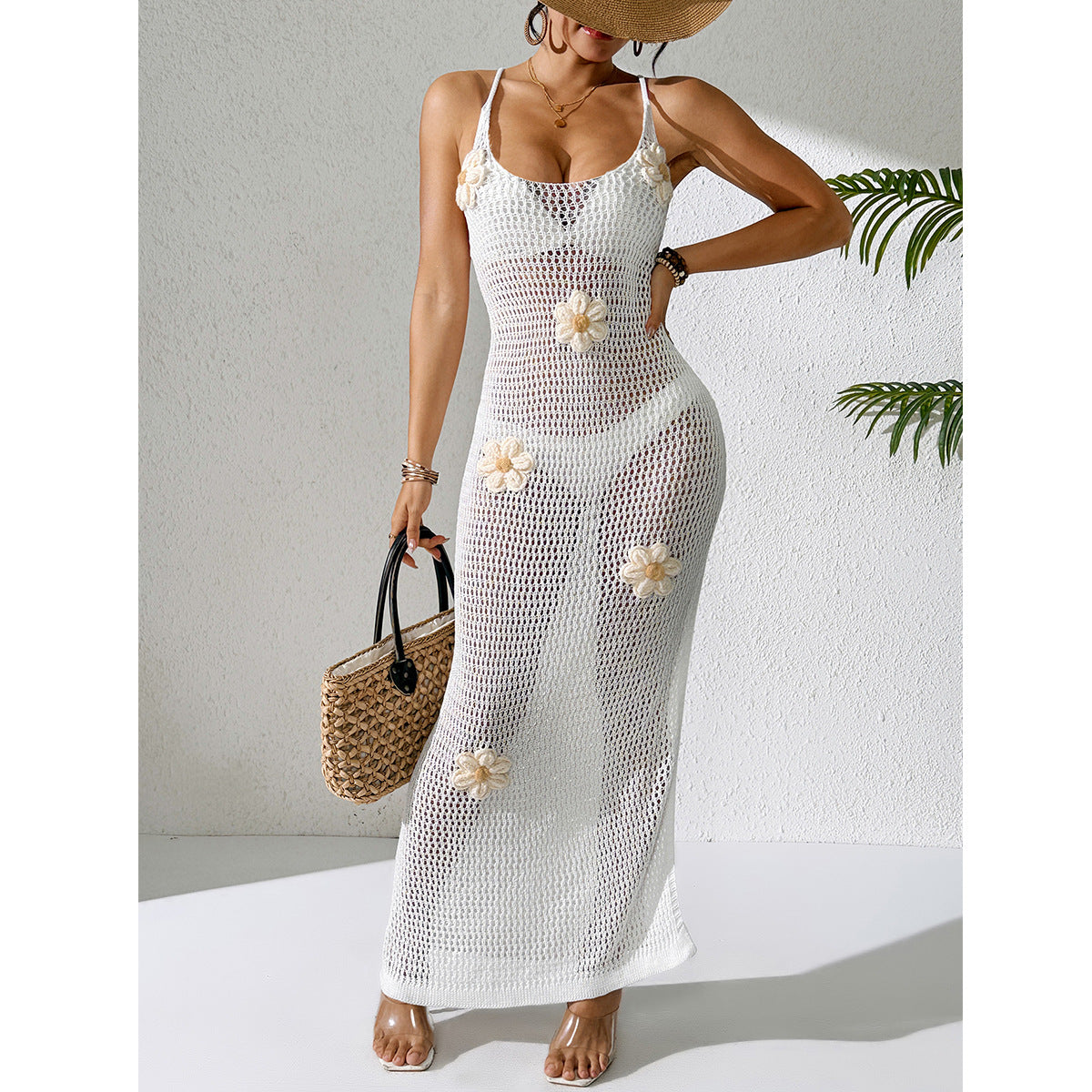 Robe en tricot pour femme - Fraîche, faite main, crochetée, à décor floral, évidée, découpée, à nouer, sexy, fendue sur le côté