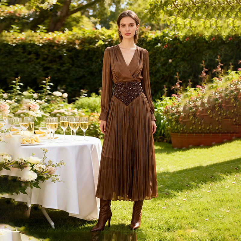 Elegant Long Sleeve Solid Color Diamond Dress Autumn High Grade Waist Slimming Dress Women Sailfish