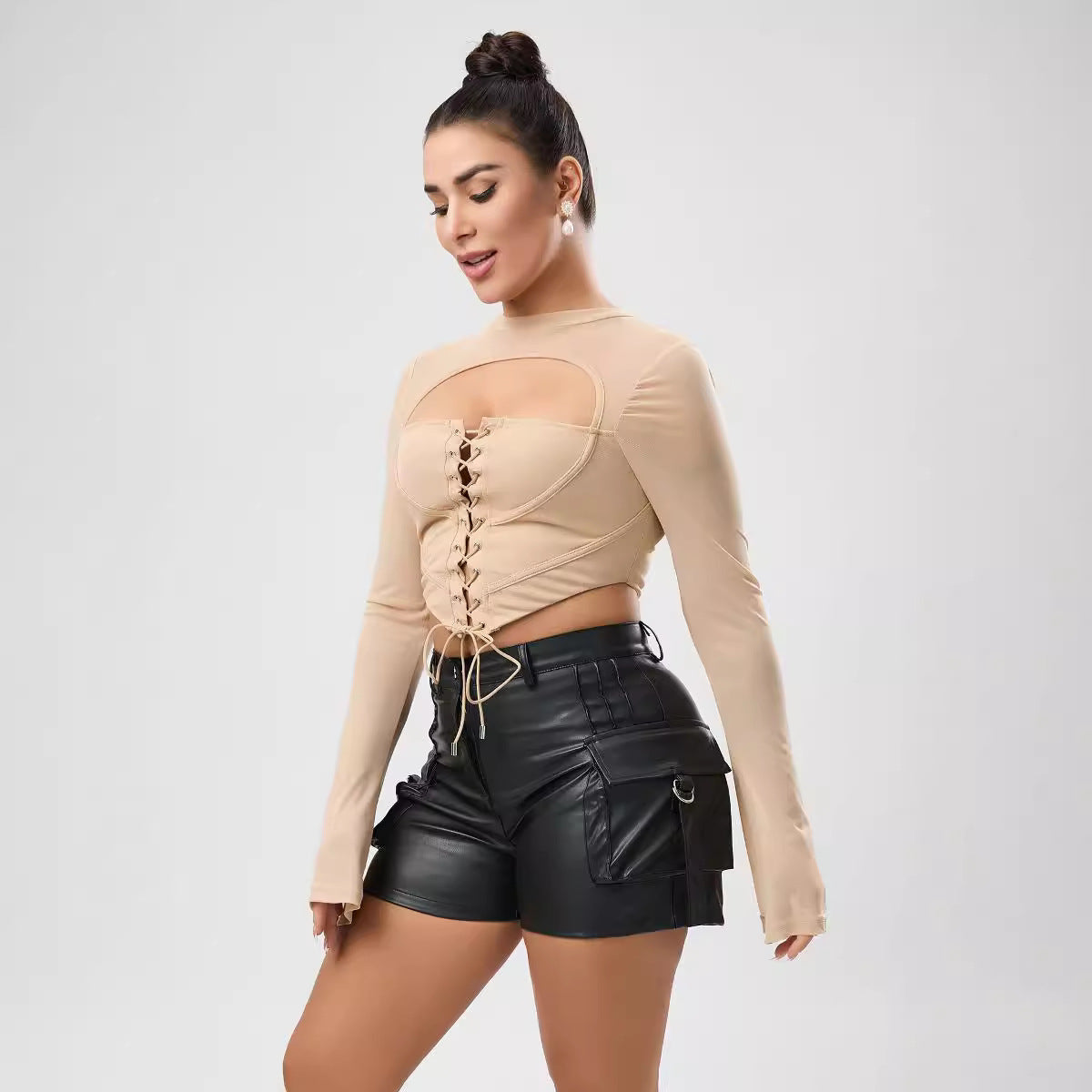 Top corto ajustado de malla con tirantes y cuello medio alto, informal, sin espalda, de color sólido, sexy, para mujer, para otoño