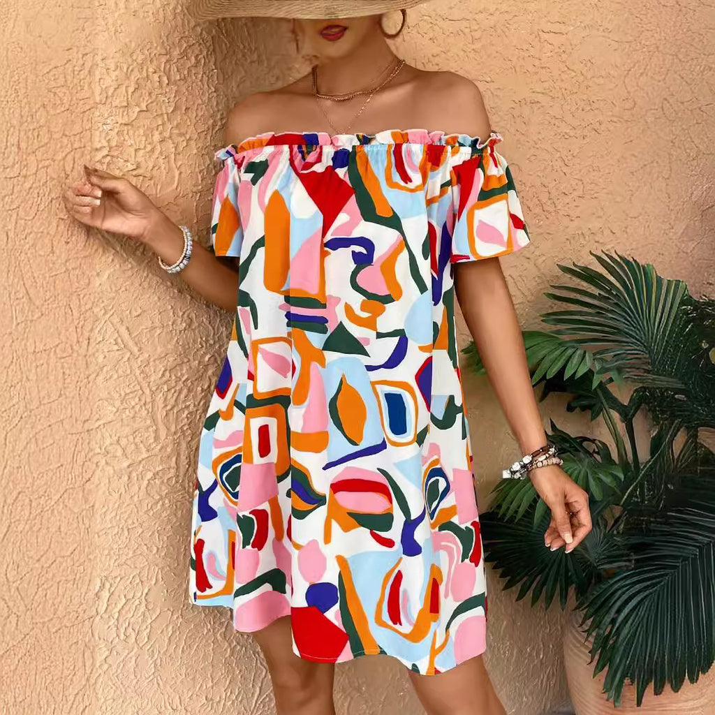 Summer Elegant Ladies Tropical Printing off the Shoulder Dress Vivish