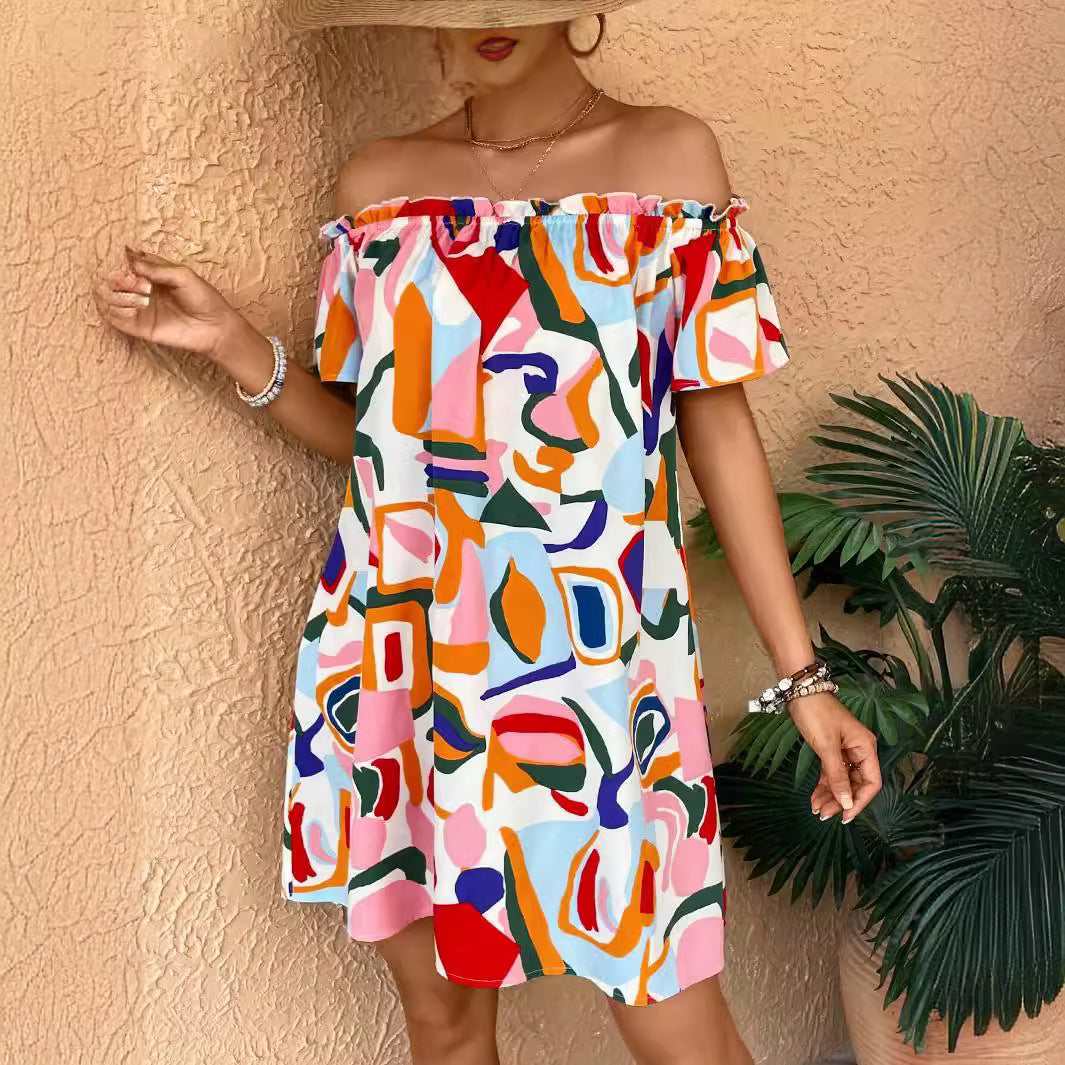 Summer Elegant Ladies Tropical Printing off the Shoulder Dress Vivish