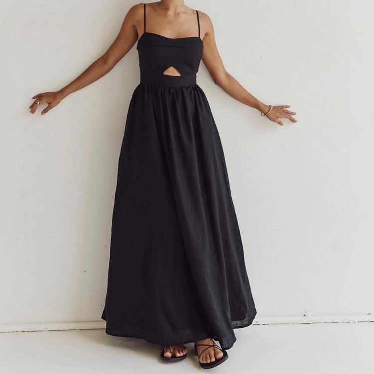 Black Breathable Sling High Waist French Dress Spring Autumn Holiday Long Dress Women Kigali