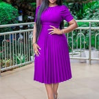 Summer Short Sleeve Pleated Solid Color Dress AETC