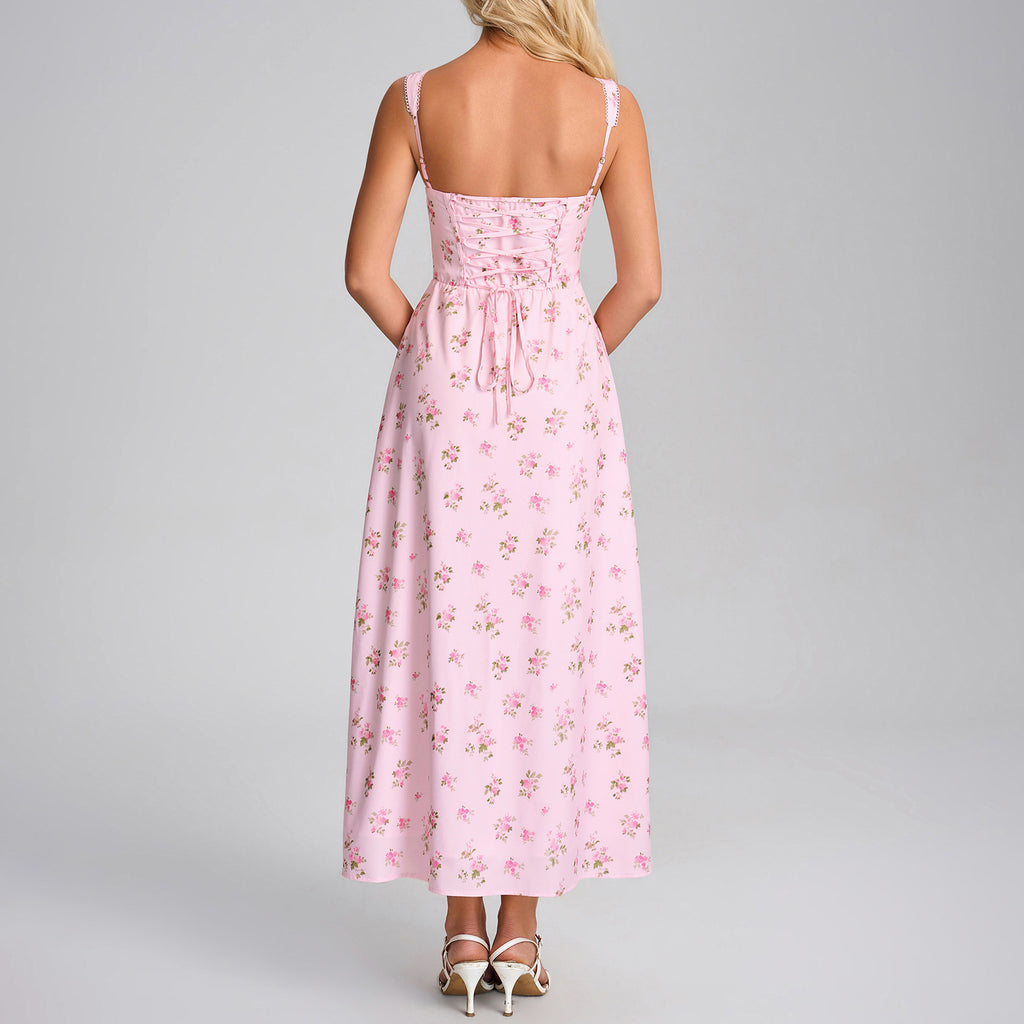 Summer Printing Slip Dress Sexy Square Collar Backless Lace up Slim Vacation Dress SUNSHINE