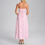 Summer Printing Slip Dress Sexy Square Collar Backless Lace up Slim Vacation Dress SUNSHINE