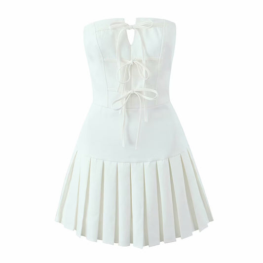 Robe tube plissée à lacets et nœud gracieux pour femme