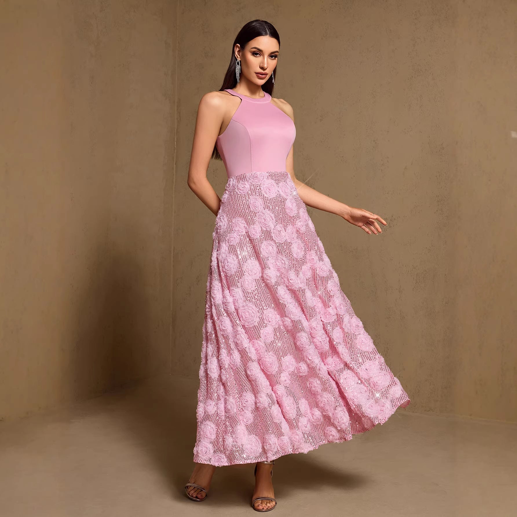 Spring Summer Halter Print Stitching Large Hem Fully Lined Evening Dress Party Dress HENGACHI