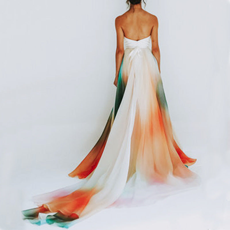 Multi Color Rainbow Women One Piece Lace up Single Layer Classical Dance Half Length Large Swing Dress SCC