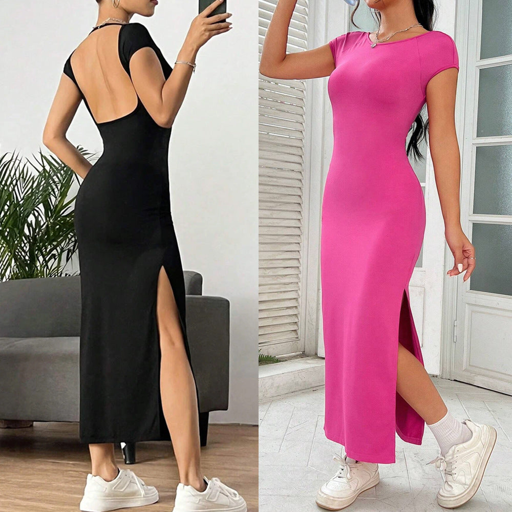 Women Clothing Spring Summer Slim Fit Sexy Backless Sheath Split Sleeveless Dress