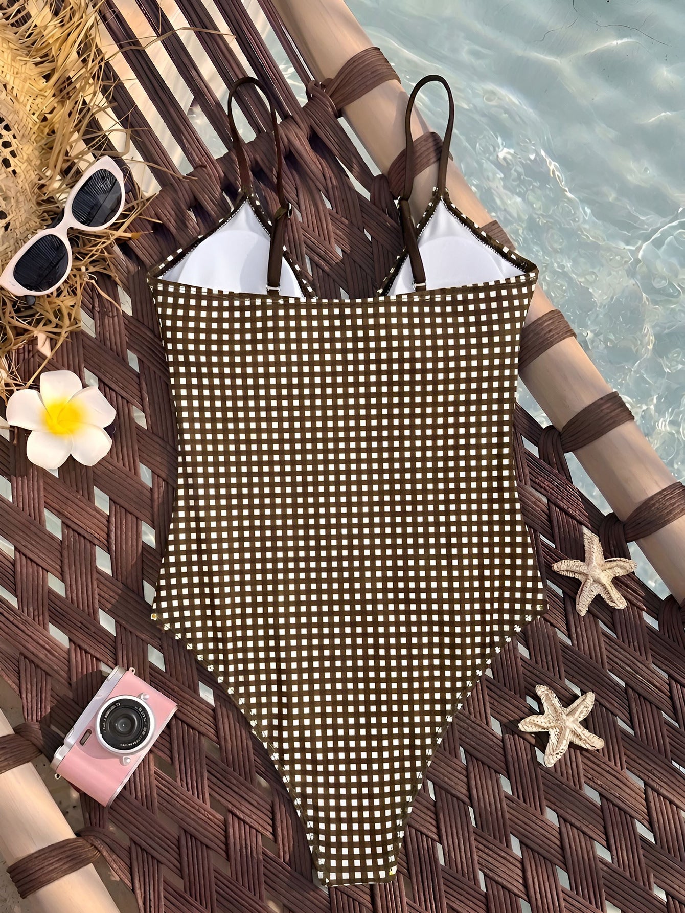 One Piece Swimsuit Plaid Striped Print Knotted Sexy Bikini Beach Women WithWind