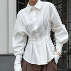 Court White Cotton Shirt Women Light Luxury Pleat Waisted Slim-Fit Long-Sleeved Collared Shirt FOREVEREIGHTEEN