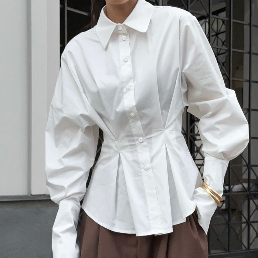 Court White Cotton Shirt Women Light Luxury Pleat Waisted Slim-Fit Long-Sleeved Collared Shirt FOREVEREIGHTEEN