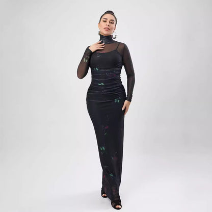 Autumn Printed Mesh See Through Dress Turtleneck Long Sleeve Spaghetti Strap Two Piece Maxi Dress