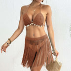 Women Pure Hand Crocheting Sets Women Clothing Shell Stitching Strap Tassel Dress Bikini Top Two Piece Set Oyimi